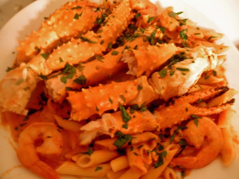 VODKA AND SPICY TOMATOCREAM SAUCE WITH PENNE, KING CRAB LEGS AND