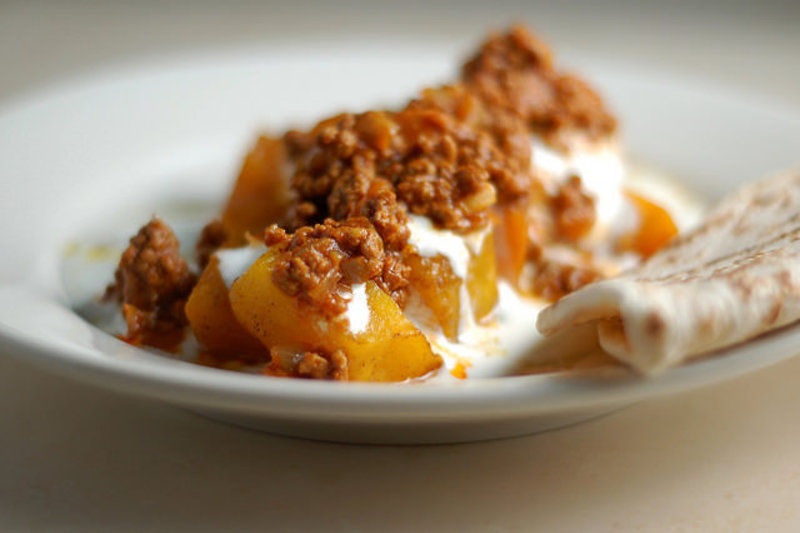 Kaddo Bourani Baked Pumpkin with Minted Yogurt and Spiced Beef Recipe